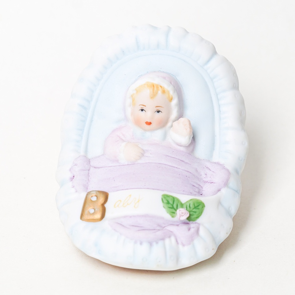 Growing Up Birthday Girl Baby in Cradle Figurine Blonde w Wish List Poster